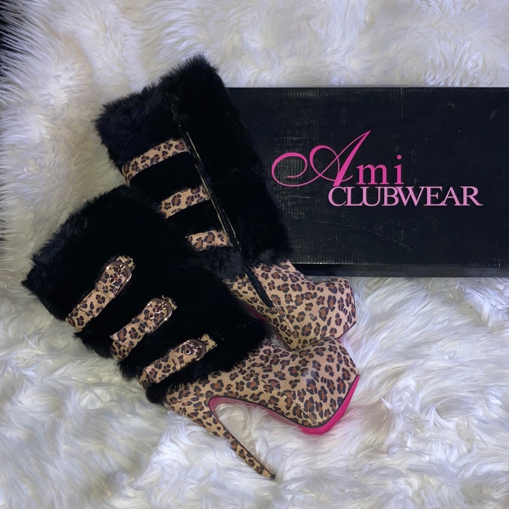 AMI CLUBWEAR Mya Leopard Faux Fur Stiletto Platform Boots 7